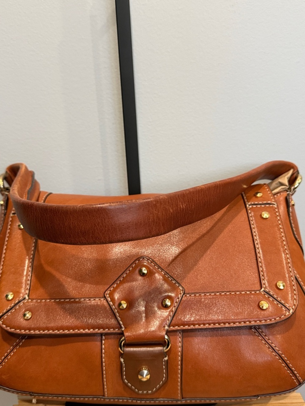 NWT! Cole Haan Vintage Cognac Leather Shoulder Bag Studded Buckle Flap Y2K Luxe - Picture 7 of 8